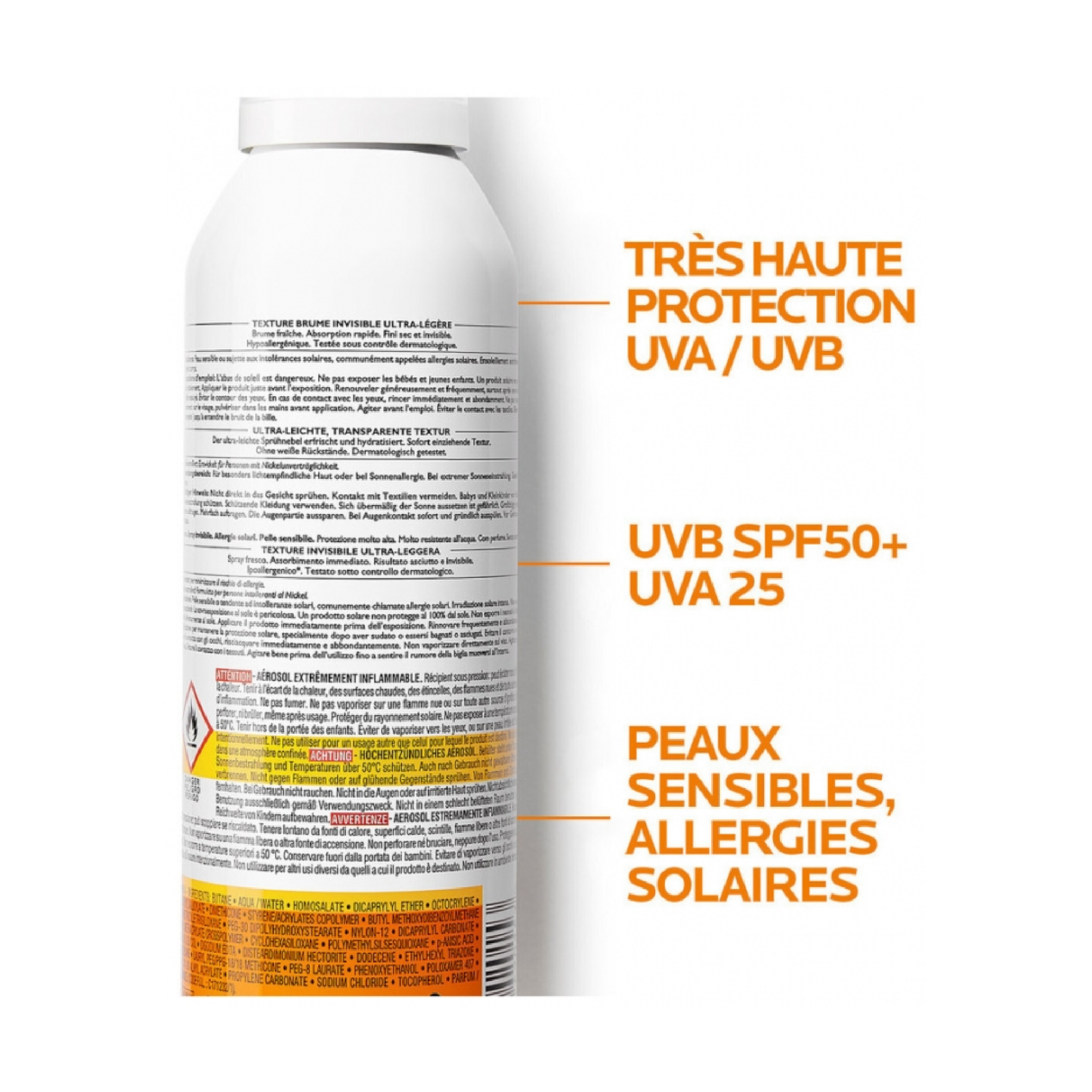 La Roche-Posay Anthelios Invisible Mist with homosalate and octocrylene for very high sun protection and dry invisible finis