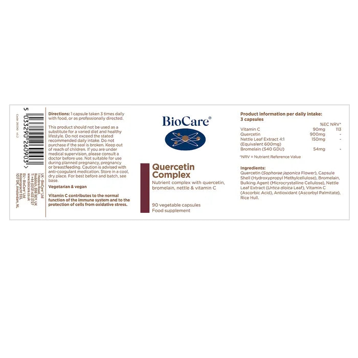 BioCare Quercetin Complex 90 Capsules supporting seasonal wellness, immune resilience and respiratory comfort for individuals managing allergies and environmental stress