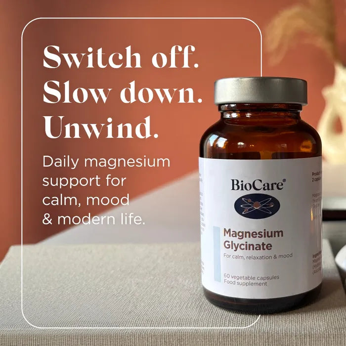 BioCare Magnesium Glycinate 60 Capsules helping reduce stress, improve sleep quality and promote calm focus for individuals with busy or demanding modern lifestyles