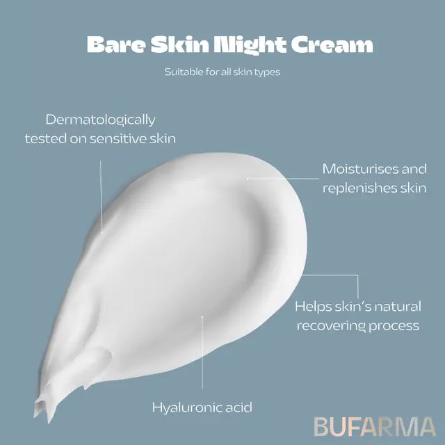 Bufarma Bare Skin Night Cream for sensitive skin dermatologically tested overnight moisturiser leaving skin replenished and soft by morning