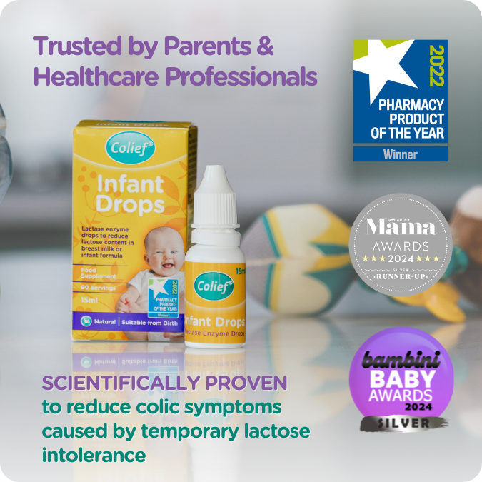 Colief Colic Infant Drops for infants with colic symptoms, added to feeds to ease tummy discomfort and support calmer, more settled feeding routine