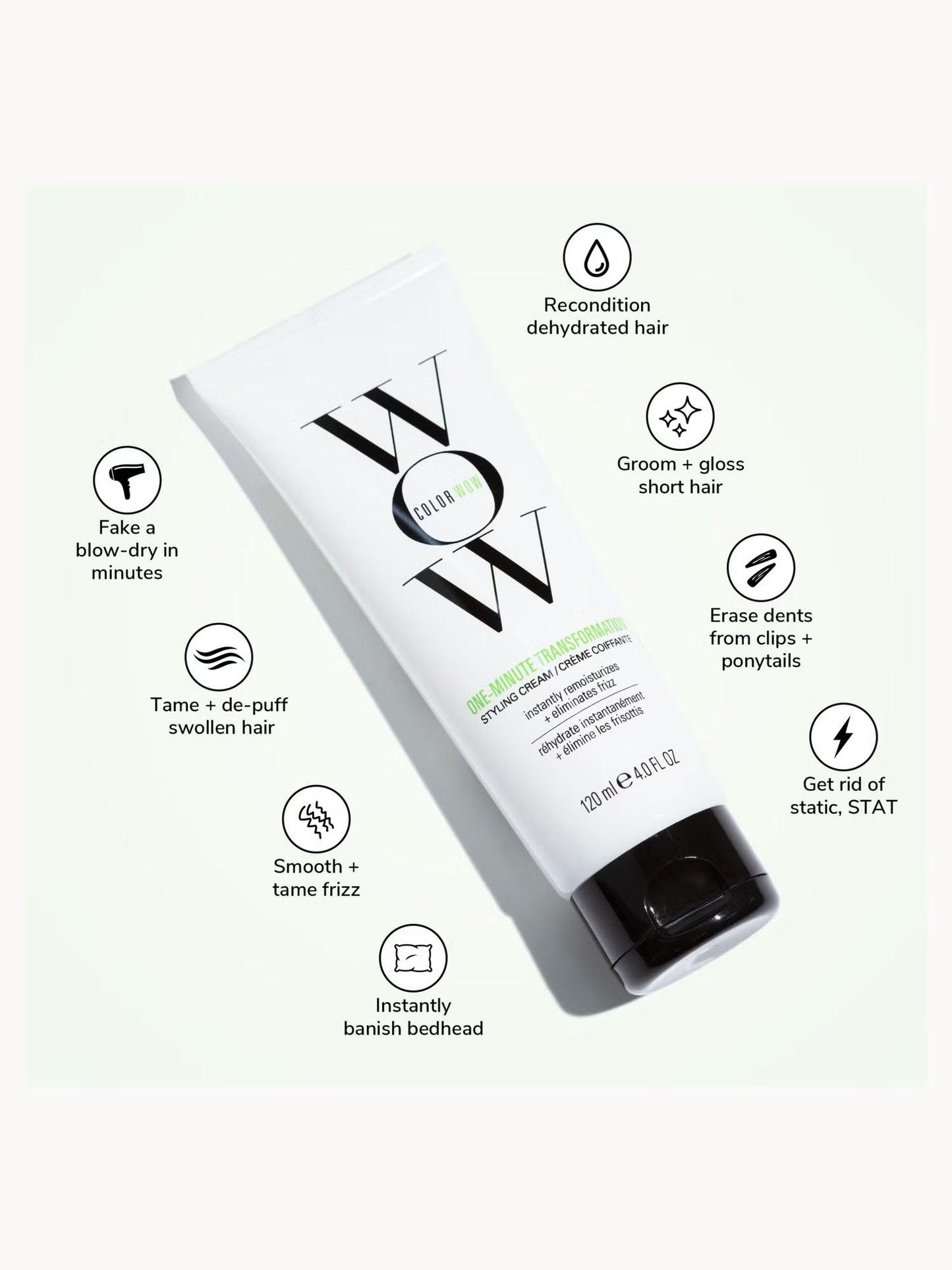Color Wow One Minute Transformation Styling Cream with avocado oil and wheat protein to deeply condition and tame unruly hair