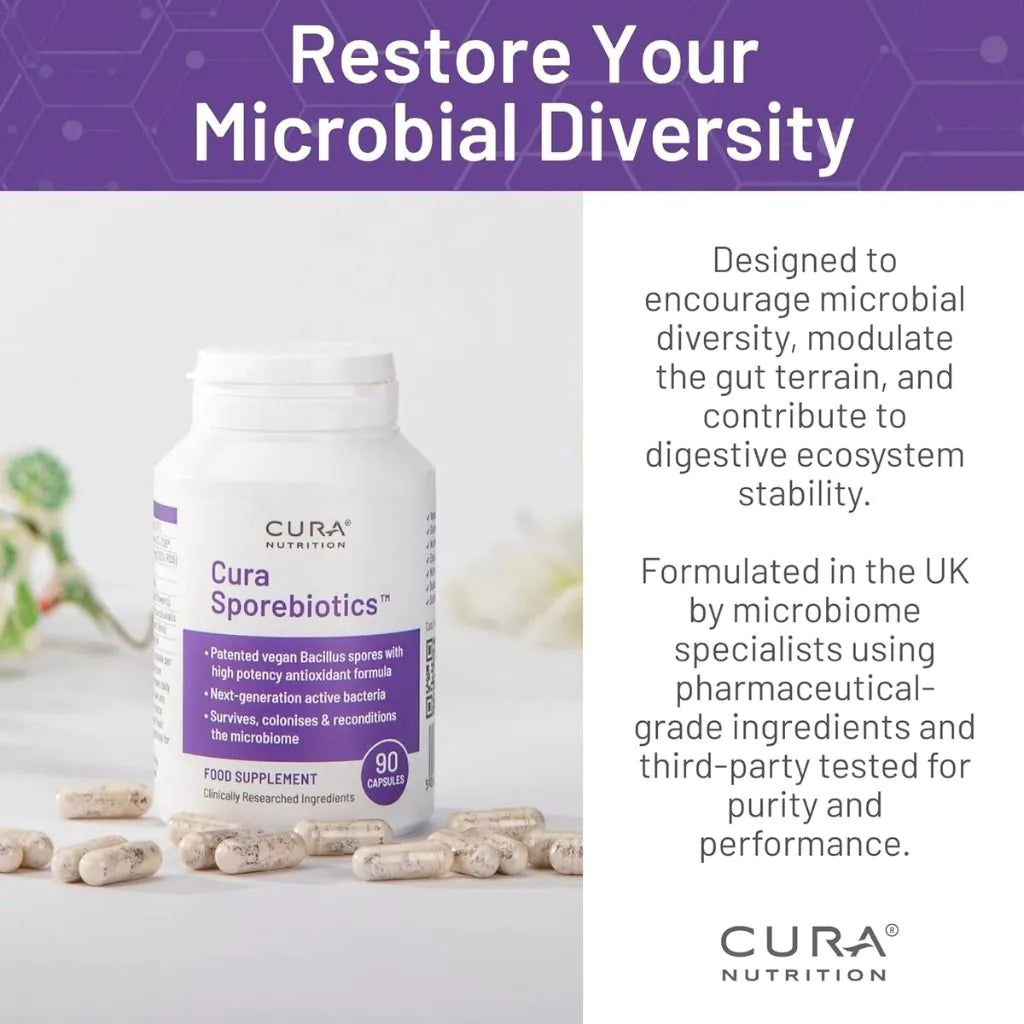 Cura Nutrition Sporebiotics vegan spore-based probiotic suitable for adults and children aged 3 and over for everyday gut health support