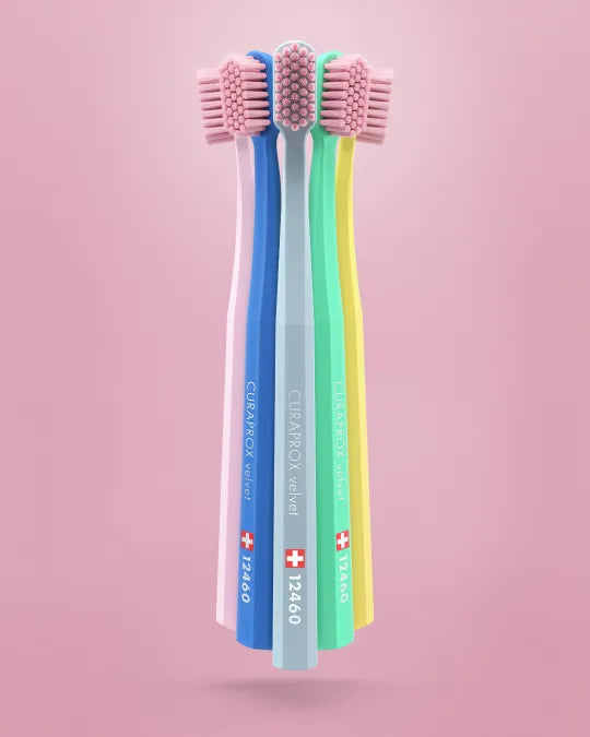 Curaprox CS 12460 Velvet Toothbrush for sensitive teeth and gums brush at 45 degrees in small gentle circles twice daily