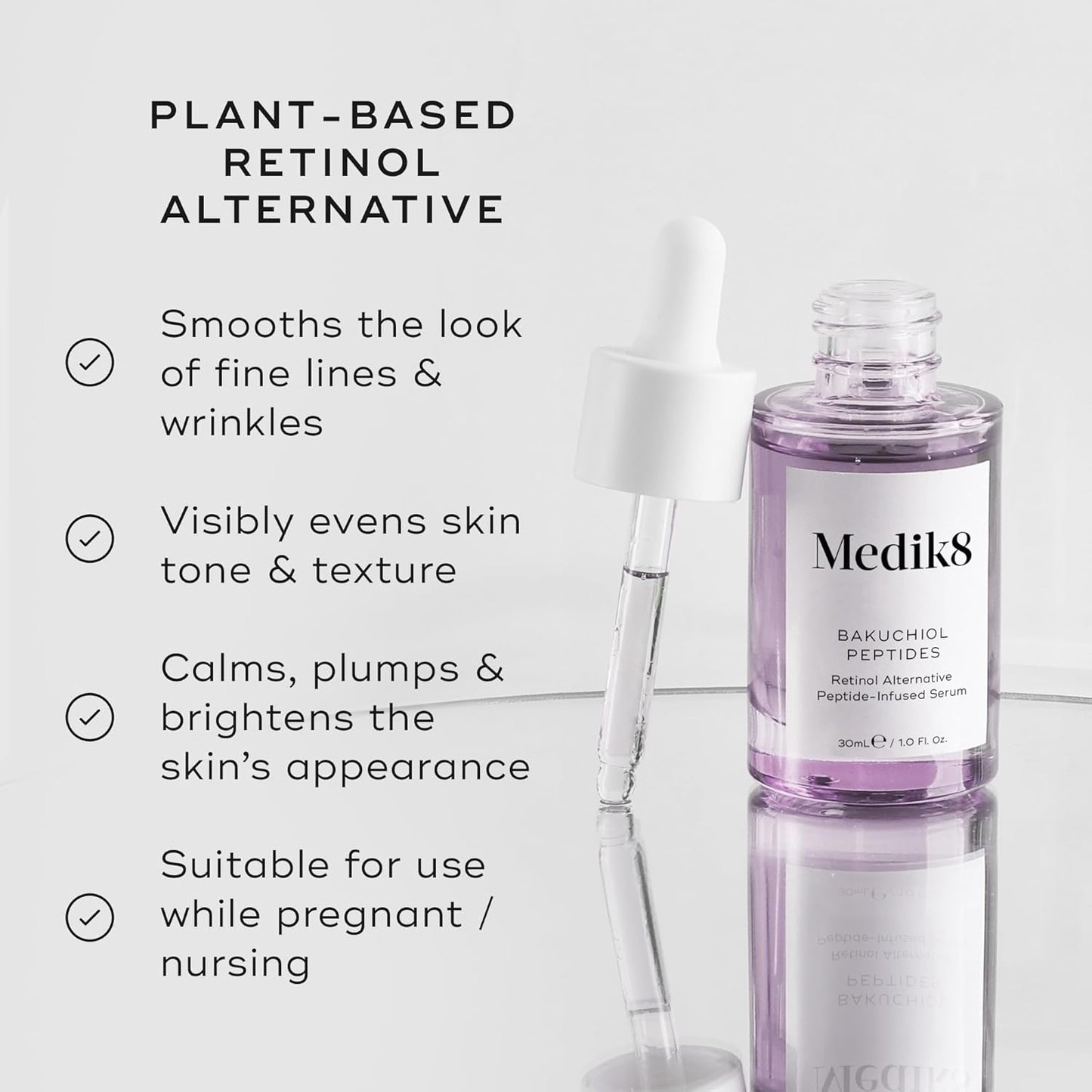 Medik8 Bakuchiol Peptides 30ml fragrance free vegan serum suitable during pregnancy for those seeking a retinol alternative