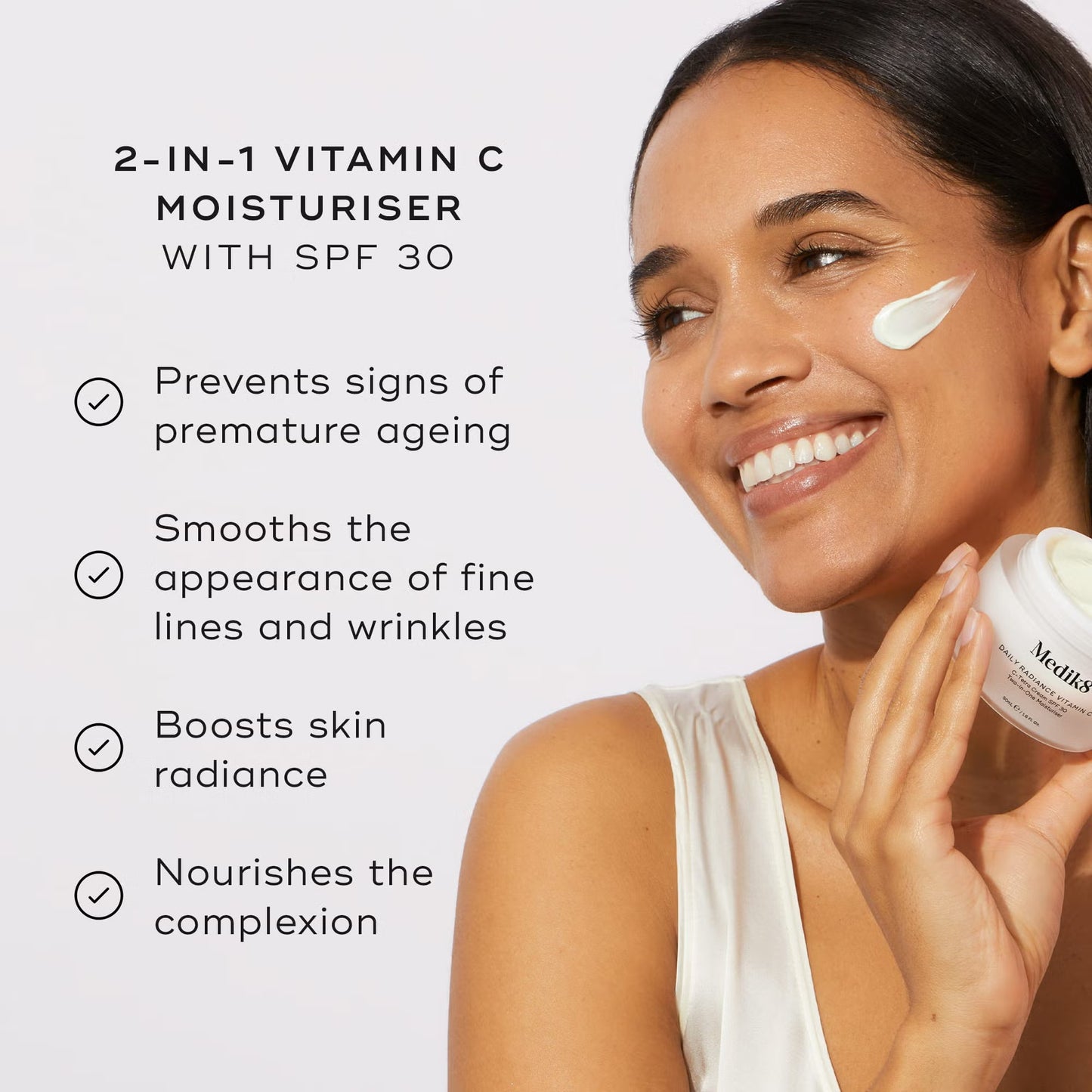 Medik8 Daily Radiance Vitamin C for all skin types used as the final step of the morning routine to hydrate, brighten and protect the skin throughout the day