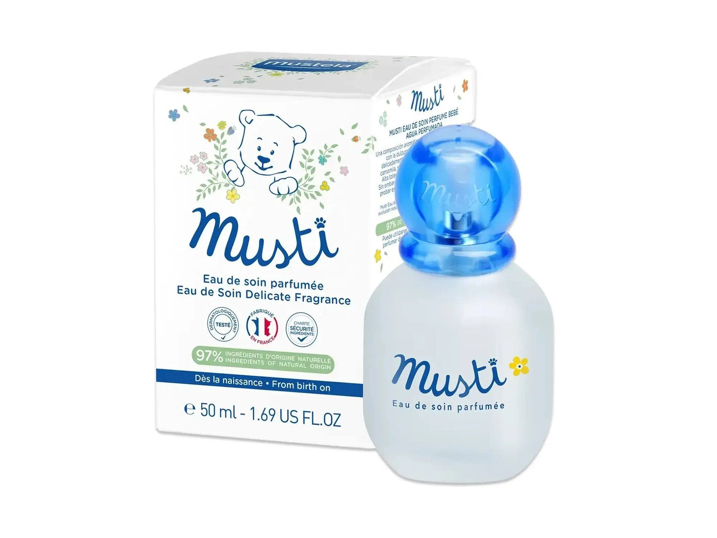 Mustela Musti Eau de Soin 50ml bottle dermatologically tested delicate fragrance for baby hair neck and clothes from birth