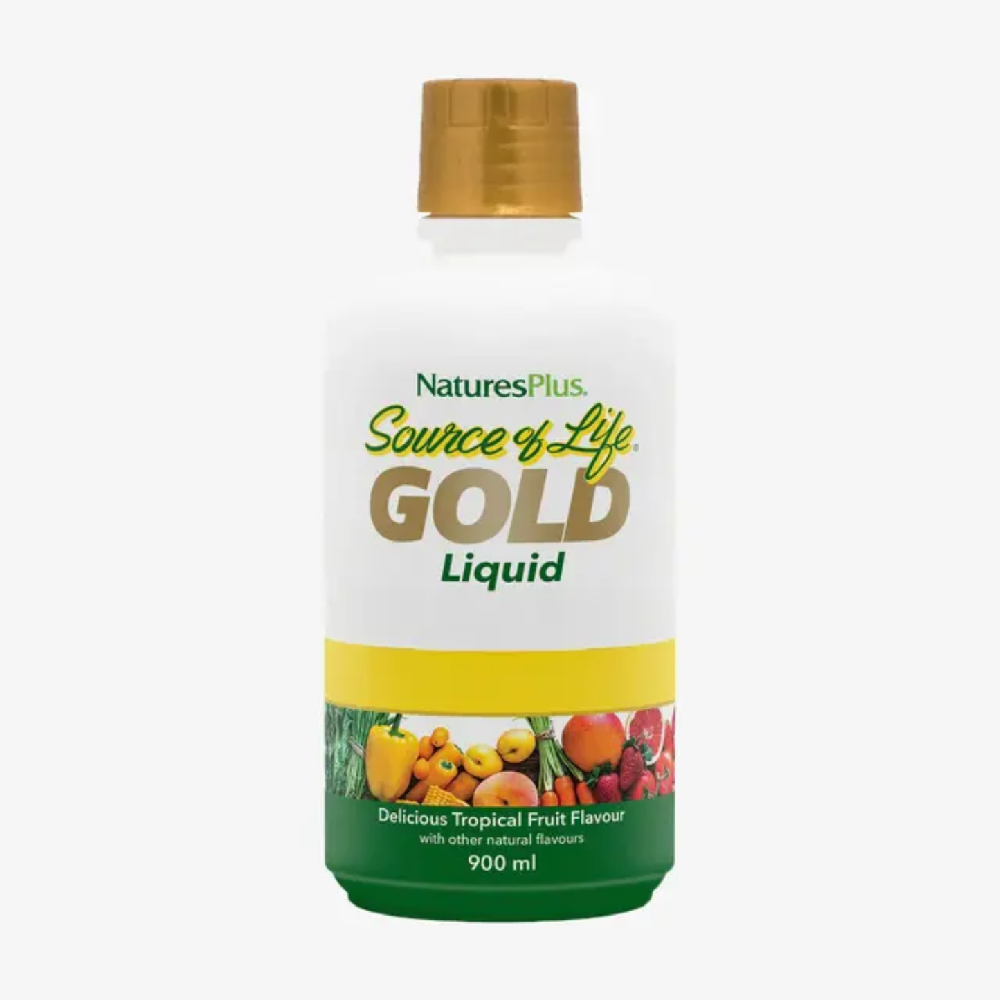Nature's Plus Source of Life Gold Liquid 900ml whole food multivitamin with 110 fruits and vegetables in tropical fruit flavour