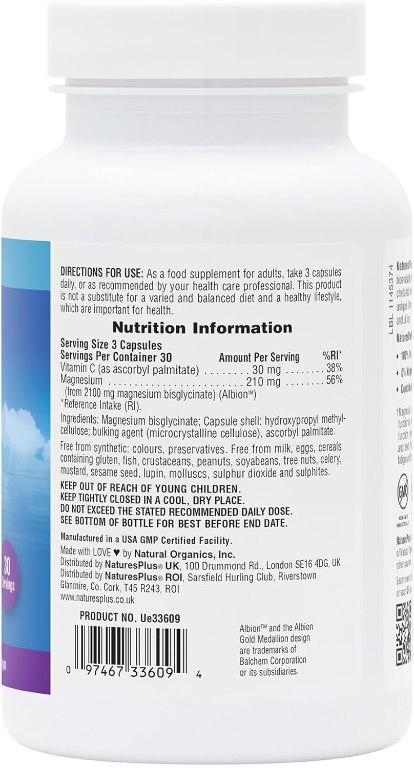 Nature's Plus Magnesium Glycinate for psychological function energy metabolism muscle function and tiredness reduction non-GMO