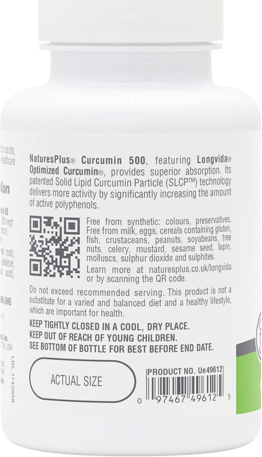 Nature's Plus PRO Optimized Curcumin Longvida for daily turmeric support without black pepper vegan and gluten free
