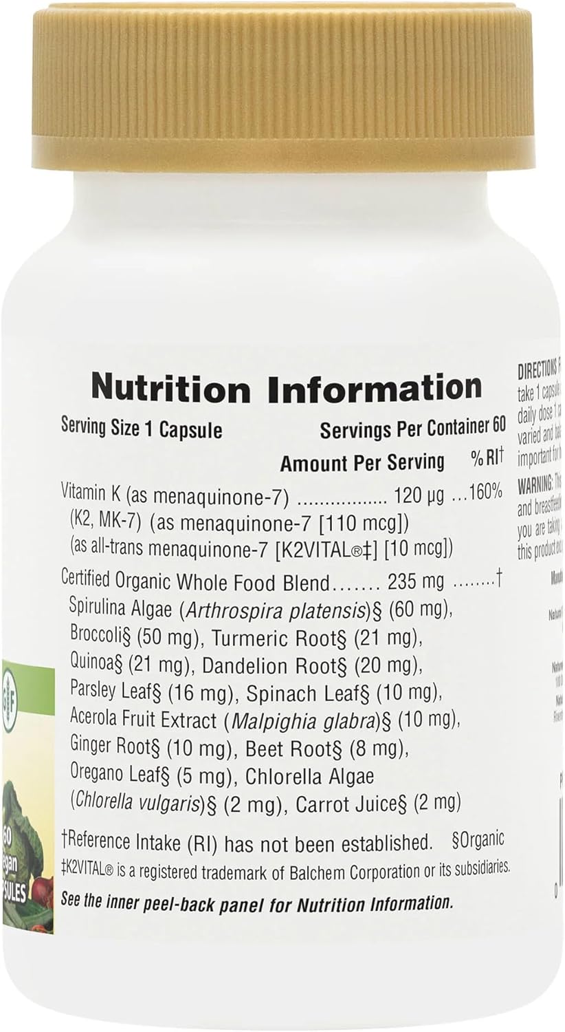 Nature's Plus Source of Life Garden Organic K2 for bone maintenance vegan and gluten free daily supplement