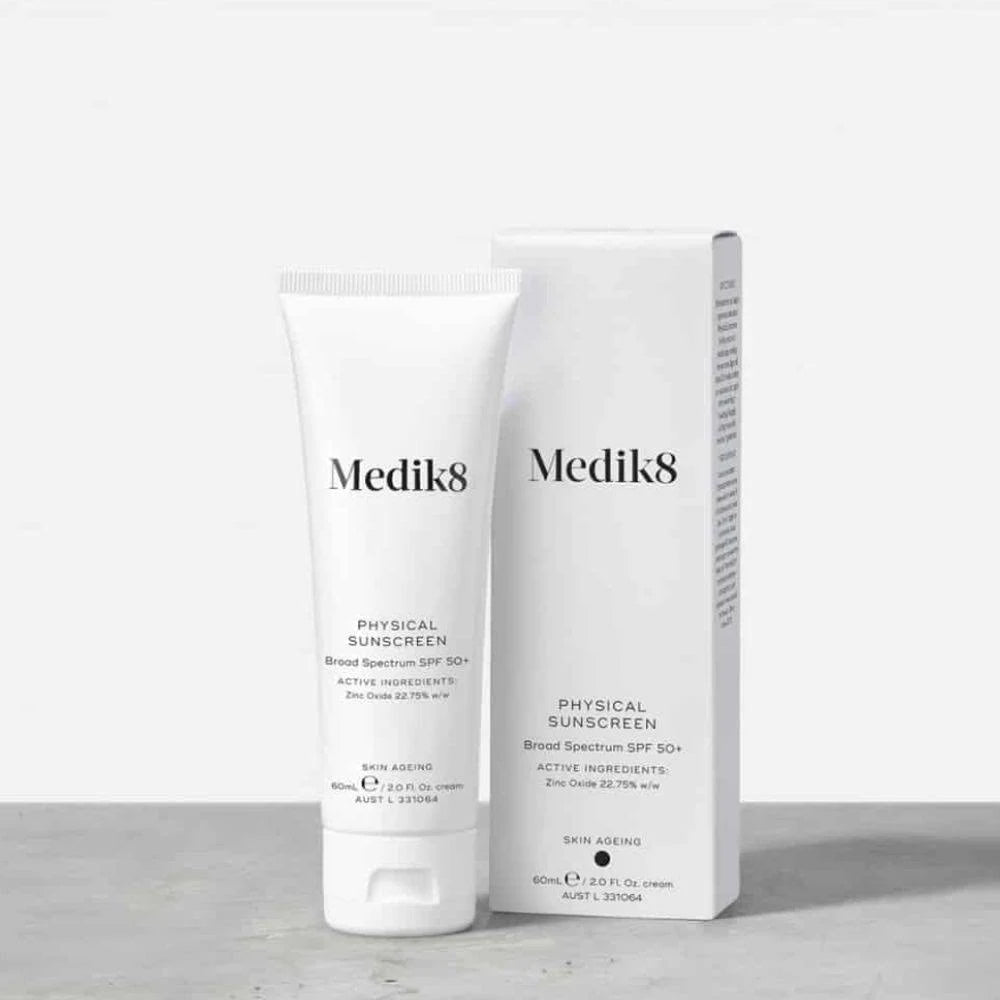 Medik8 Physical Sunscreen SPF50 60ml water-resistant for 80 minutes ideal for sensitive skin types seeking gentle daily mineral sun protection