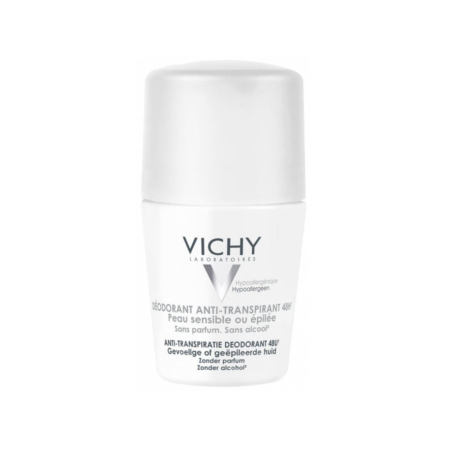 Vichy 48H Roll-On with Aluminum Chlorohydrate and Nymphaea Alba Flower Extract, gentle antiperspirant formula safe for use on recently waxed or depilated skin