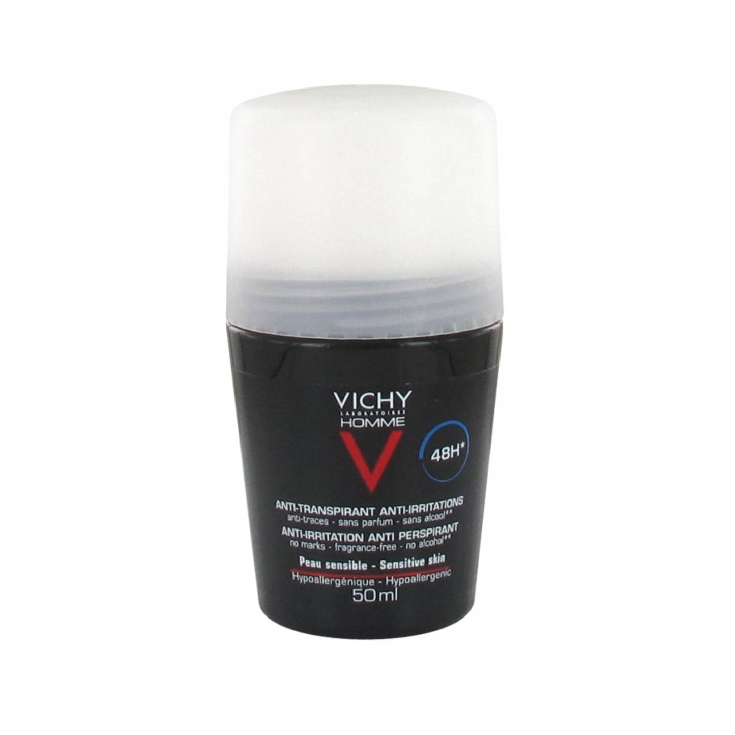 Vichy Homme 48HR Roll-On with Aluminium Chlorohydrate and oligo-zinc, regulates perspiration and soothes sensitive underarm skin for men