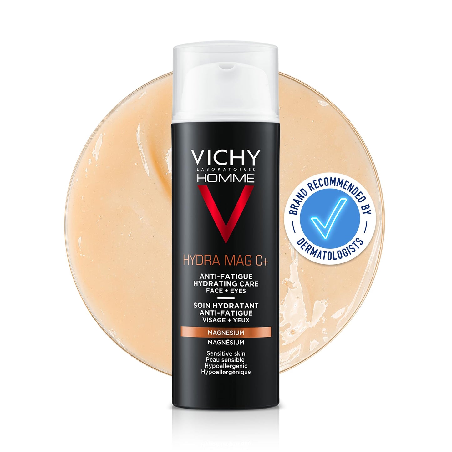 Vichy Homme Hydra Mag C+ with Sodium Dextran Sulfate and Escin reducing puffiness and dark circles for dehydrated men's skin