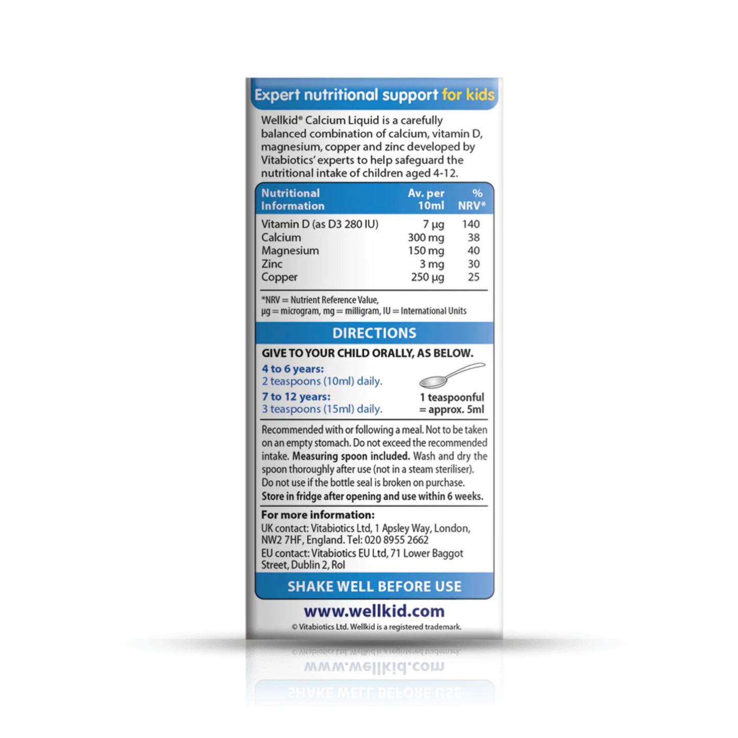 Vitabiotics Wellkid Calcium Liquid for children aged 4 to 12 ideal for daily nutrition helping support strong bones teeth and healthy growth with easy liquid format