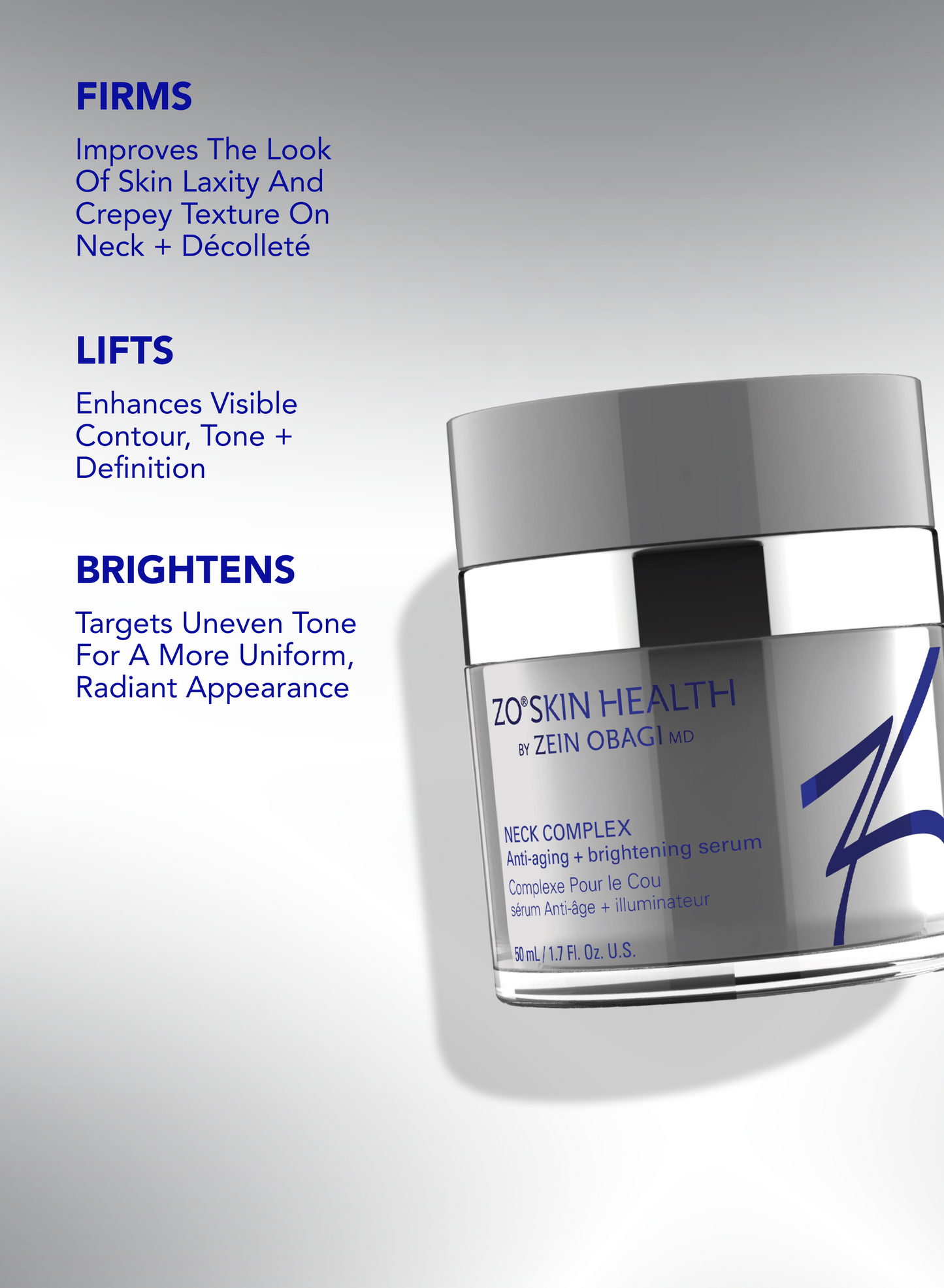 ZO Skin Health Neck Complex for all skin types targeting crepey skin, horizontal neck lines and uneven tone on the neck and décolleté area