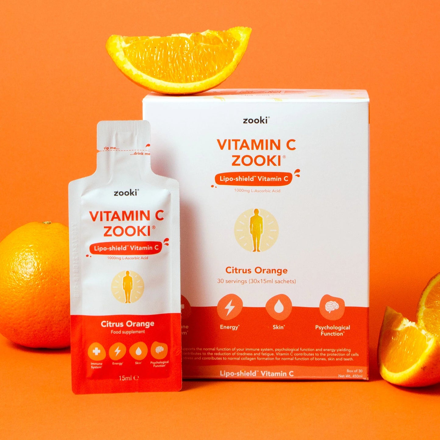 Zooki Liposomal Vitamin C 1,000mg, Citrus Orange Flavour - 30x15ml Liquid Sachets