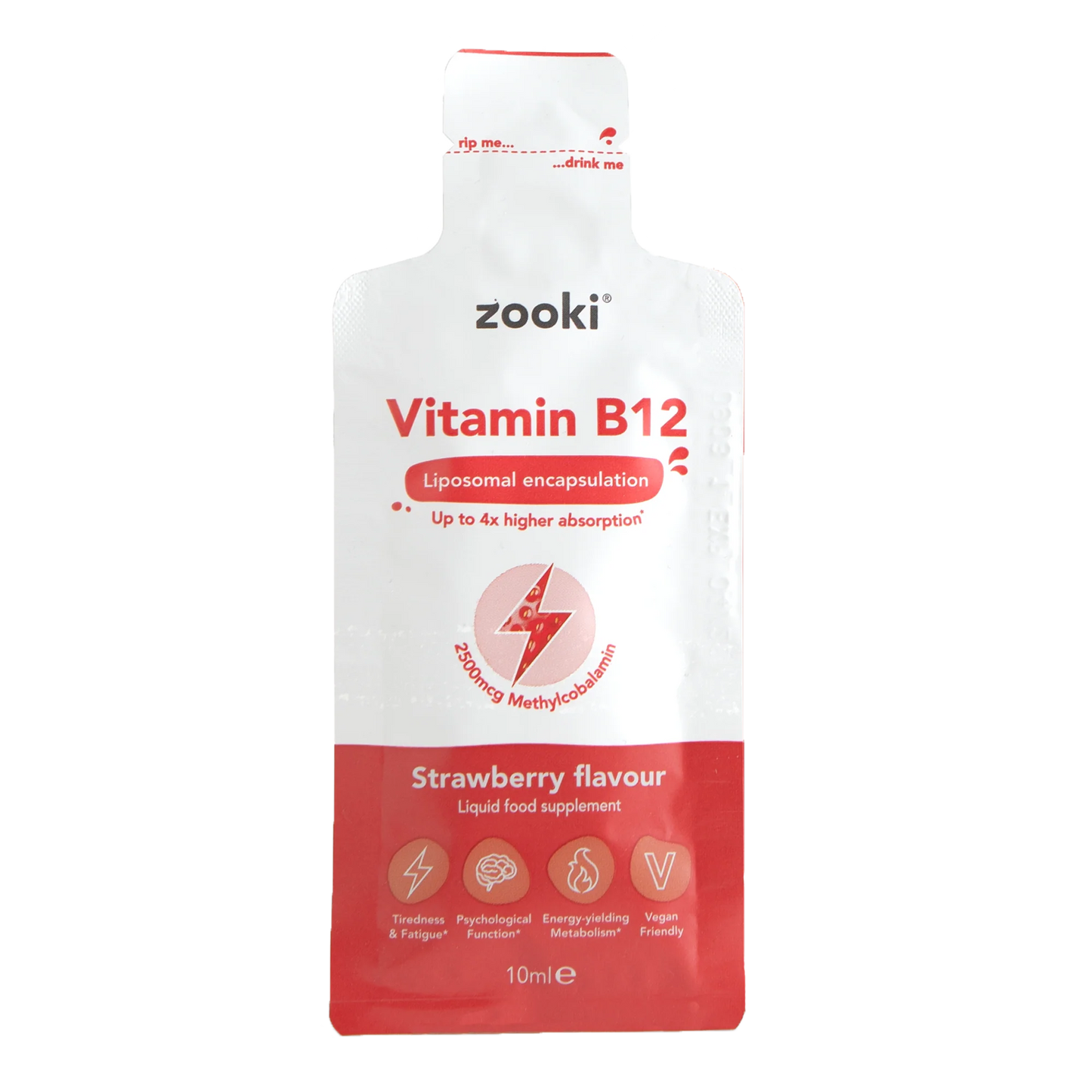 Zooki Liposomal Vitamin B12 2500mcg, Strawberry Flavour - 30 x10ml Liquid Sachets