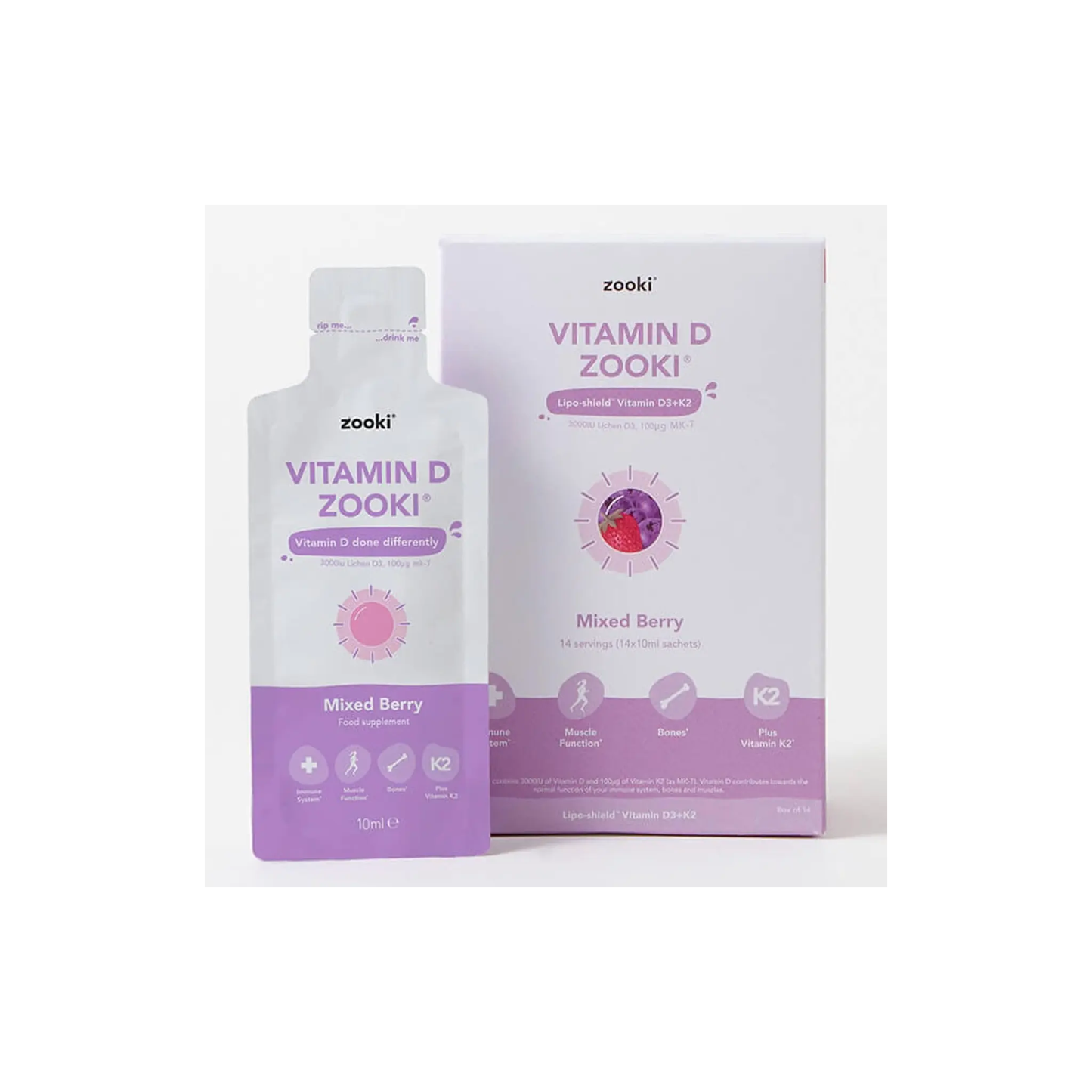 Zooki Liposomal Vitamin D3 + K2 3,000iu, Mixed Berry Flavour - 14x10ml Liquid Sachets