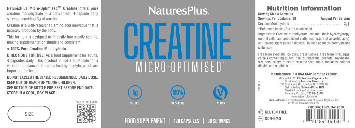 Nature's Plus Creatine Micro Optimised with pure creatine monohydrate no additional ingredients 30 servings per pack
