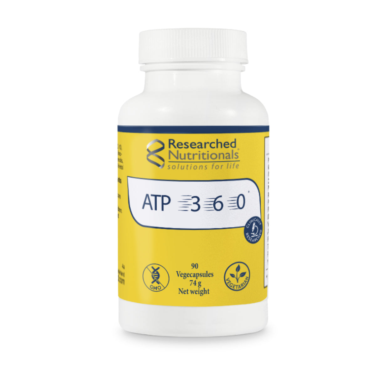 Researched Nutritionals ATP 360 90 vegetable capsules mitochondrial support food supplement with CoQ10 NADH PQQ and phospholipids in white bottle