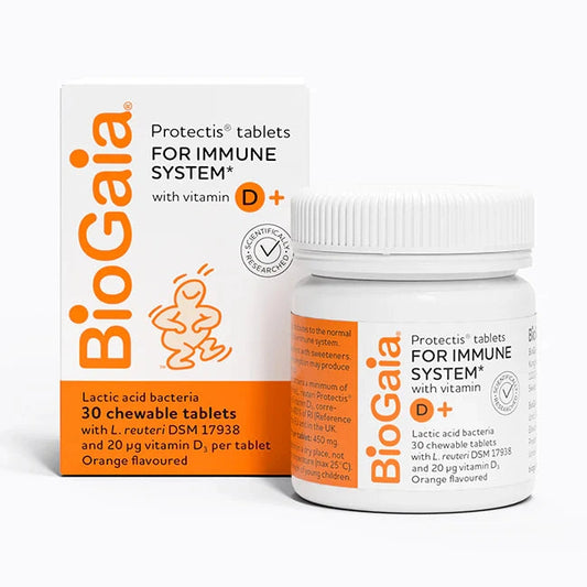 BioGaia Protectis probiotic tablets 30 count with vitamin D3 orange flavour supporting gut health immune system and daily digestive balance