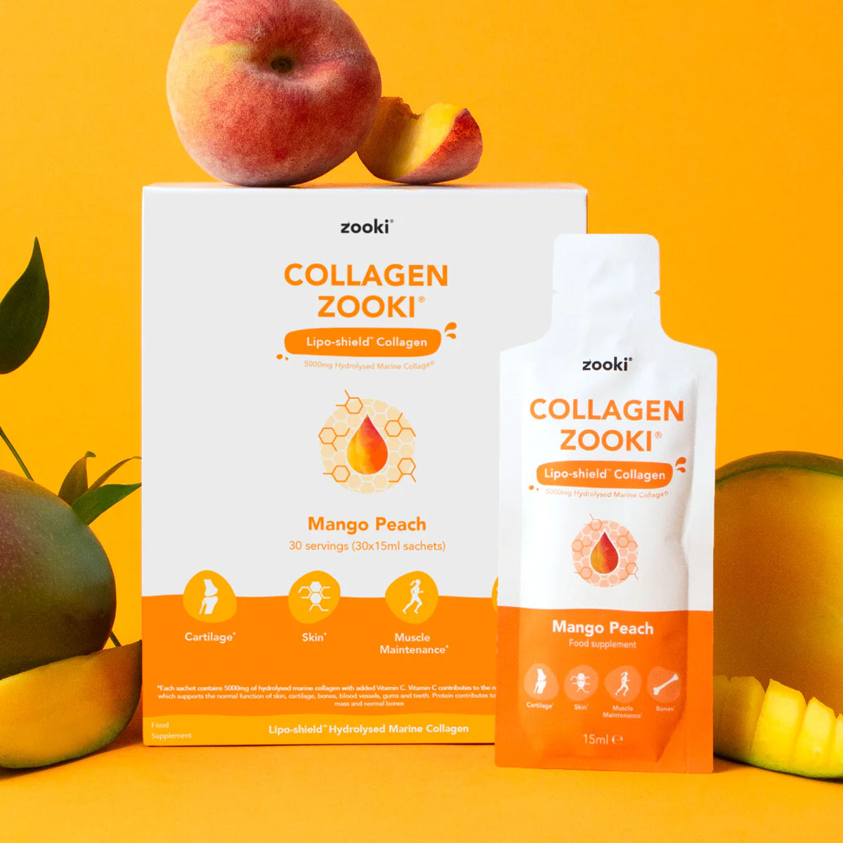 Zooki Super Strength Marine Collagen 11,000mg, Mango Peach Flavour 14x18.5ml Sachets