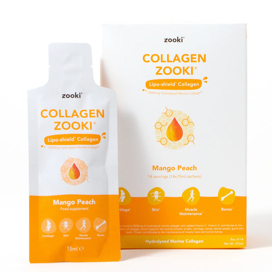 Zooki Super Strength Marine Collagen 11,000mg, Mango Peach Flavour 14x18.5ml Sachets