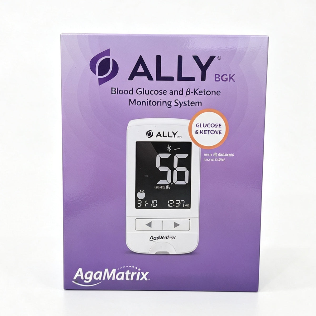 AgaMatrix Ally BGK dual monitor showing blood glucose and beta-ketone test strip compatibility with meal tagging feature