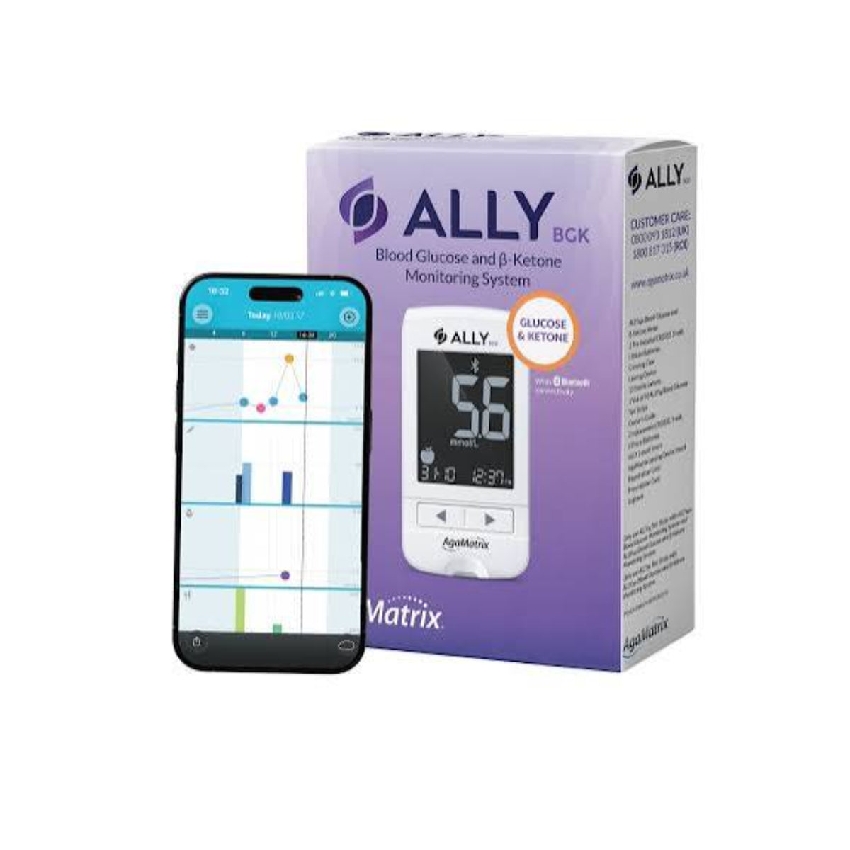 AgaMatrix Ally BGK blood glucose and ketone monitoring system with Bluetooth dual testing and large digit display