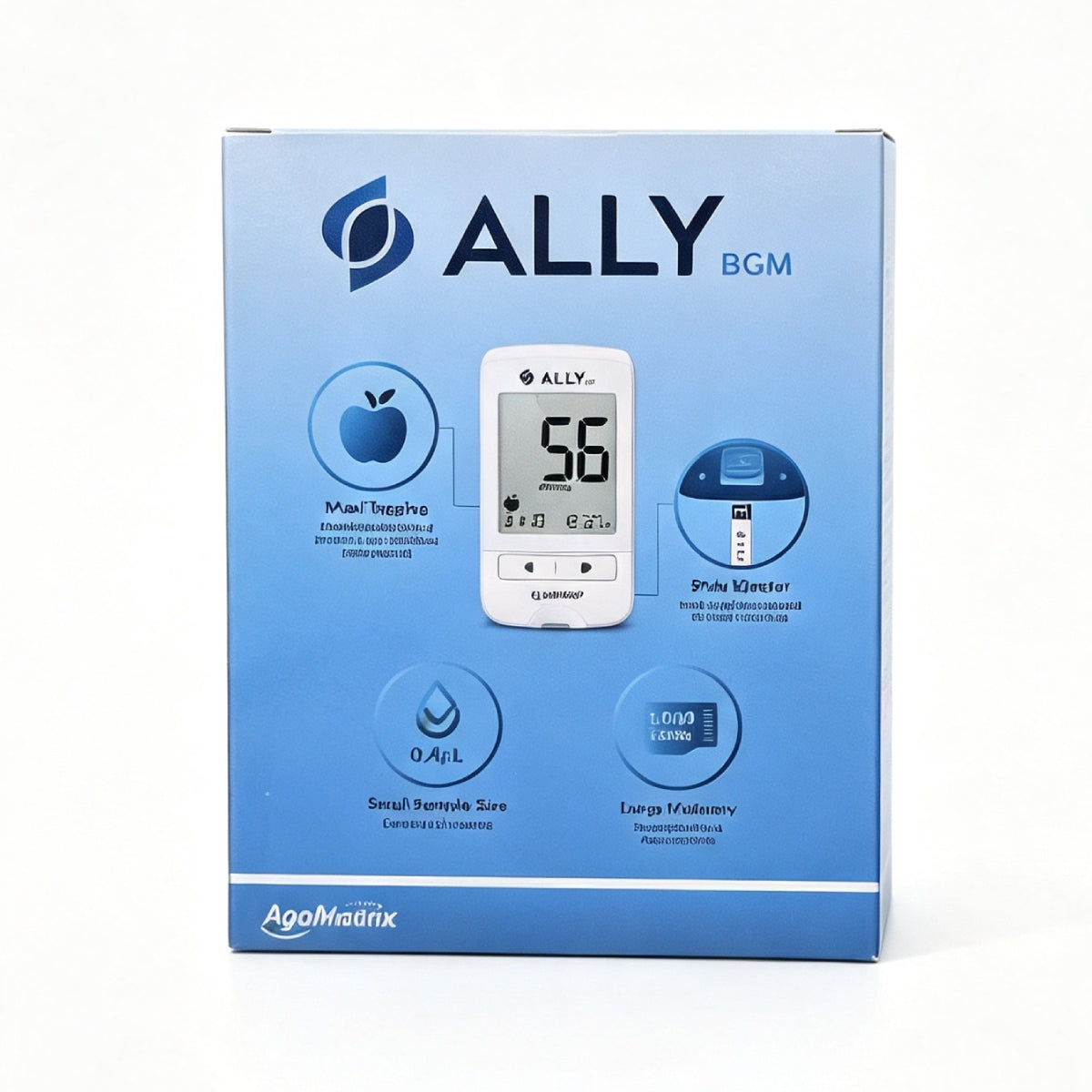 AgaMatrix Ally BGM glucose monitoring kit including lancing device sterile lancets test strips carry case and owner's guide