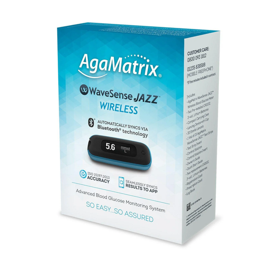 AgaMatrix WaveSense Jazz Wireless Blood Glucose Meter Kit with 25 test strips, lancing device and Bluetooth sync to the ADM App