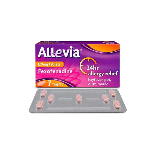 Allevia 24hr allergy relief medication packaging with tablets on a white background