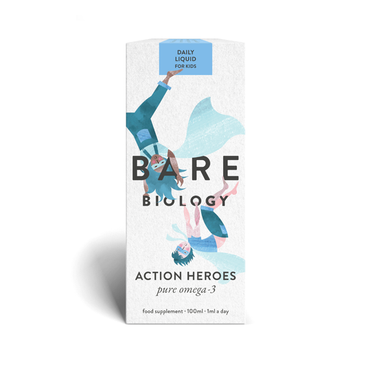 Bare Biology Action Heroes Omega 3 Liquid 100ml for kids, daily DHA supplement supporting brain development, vision and immune health in children