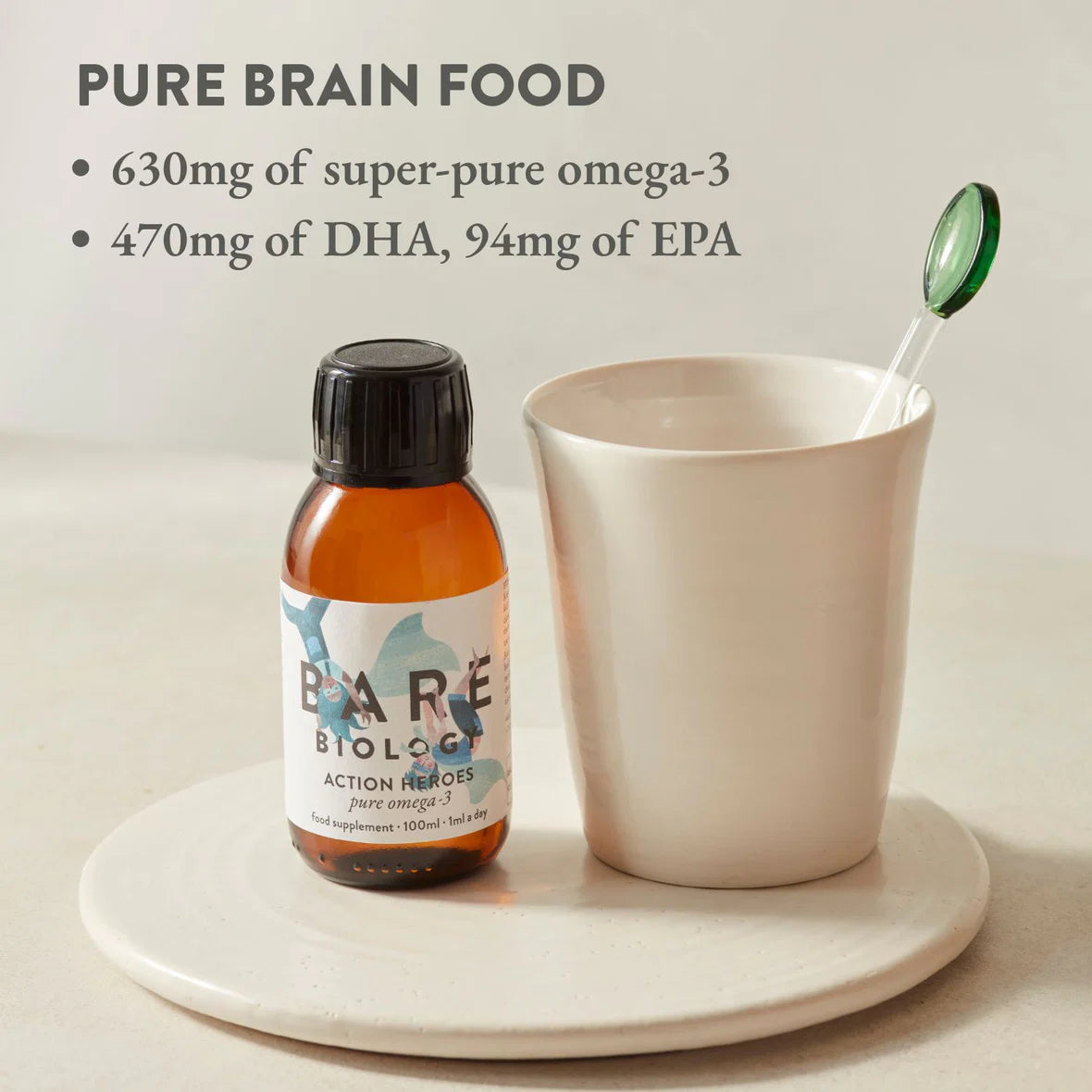 Bare Biology Action Heroes Omega 3 Liquid for babies and children from 6 months, easy daily supplement to support learning, focus and overall development