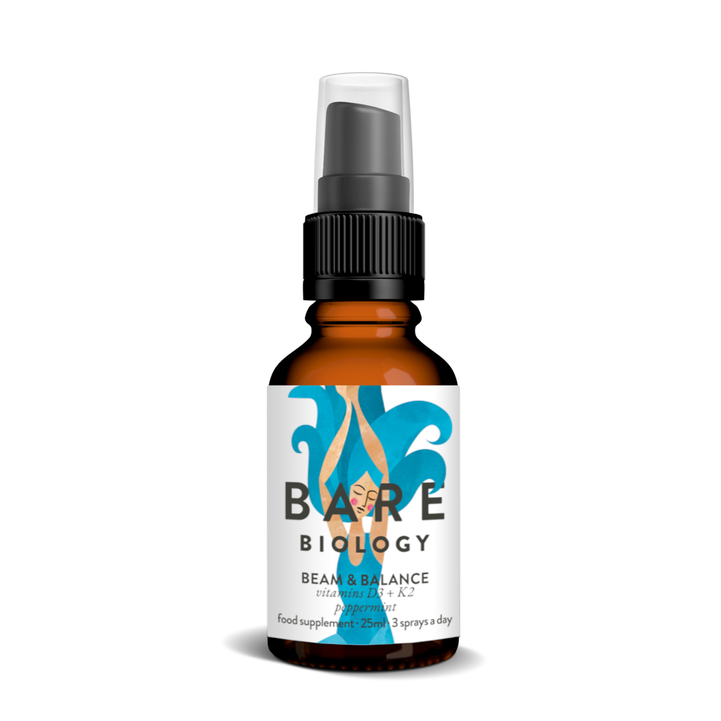 Bare Biology Beam and Balance vitamin D3 K2 spray showing cholecalciferol and menaquinone 7 supporting calcium absorption bone strength and immunity