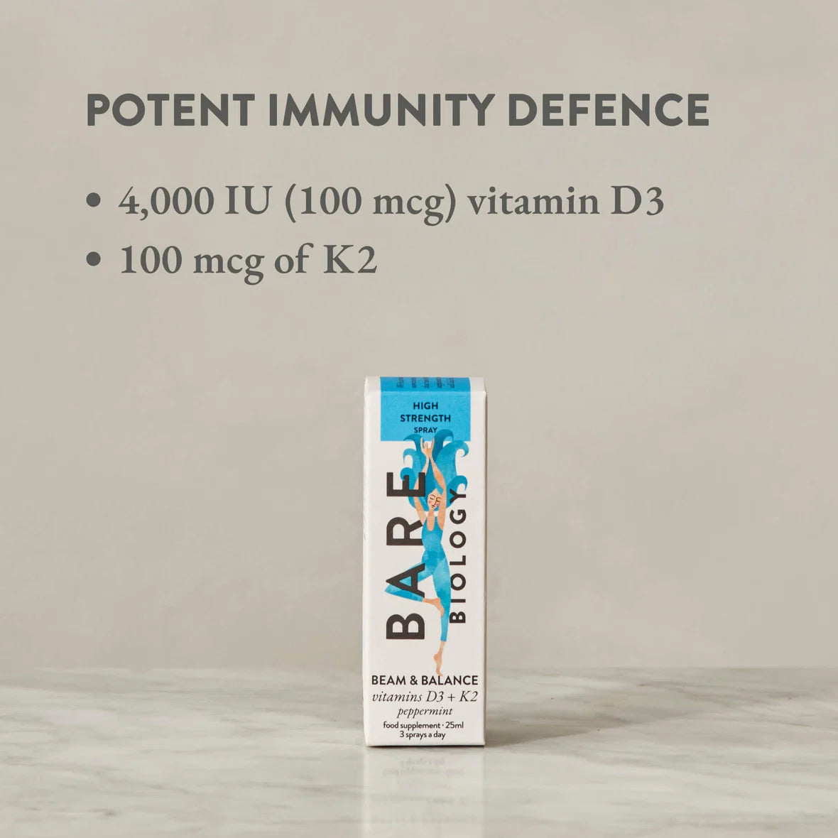 Bare Biology Beam and Balance vitamin D3 K2 spray for adults and children supporting daily immunity bone health and family wellbeing with easy oral spray use
