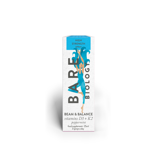 Bare Biology Beam and Balance vitamin D3 K2 peppermint spray 25ml oral supplement for immune bone and muscle health support daily use