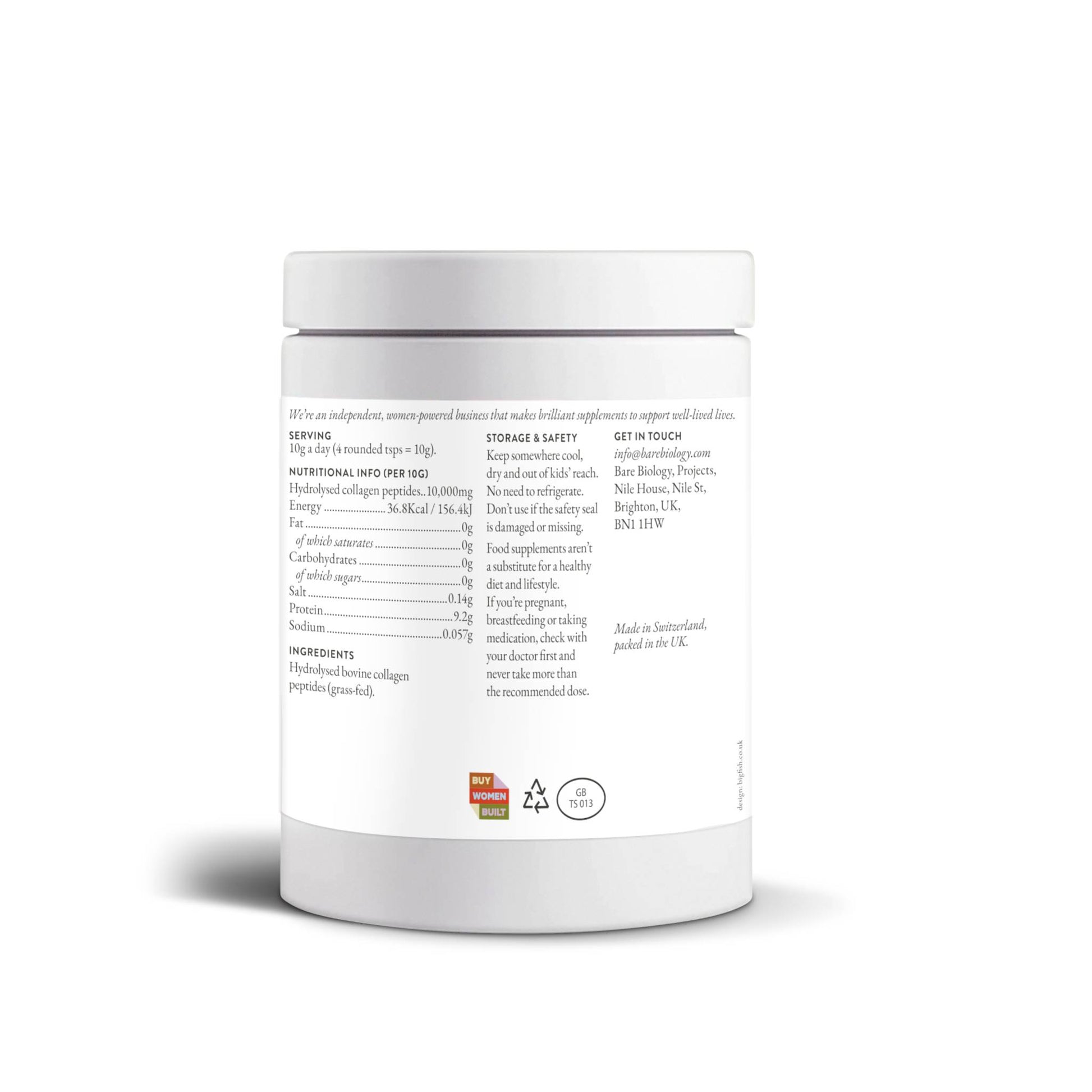Bare Biology Fundamental Collagen Powder hydrolysed bovine collagen peptides deliver type I and III collagen to support connective tissue repair and protein structure