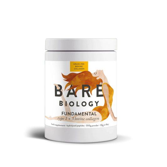 Bare Biology Fundamental Collagen Powder 300g tub for daily use, supports skin elasticity, joint health and overall strength with pure hydrolysed bovine collagen