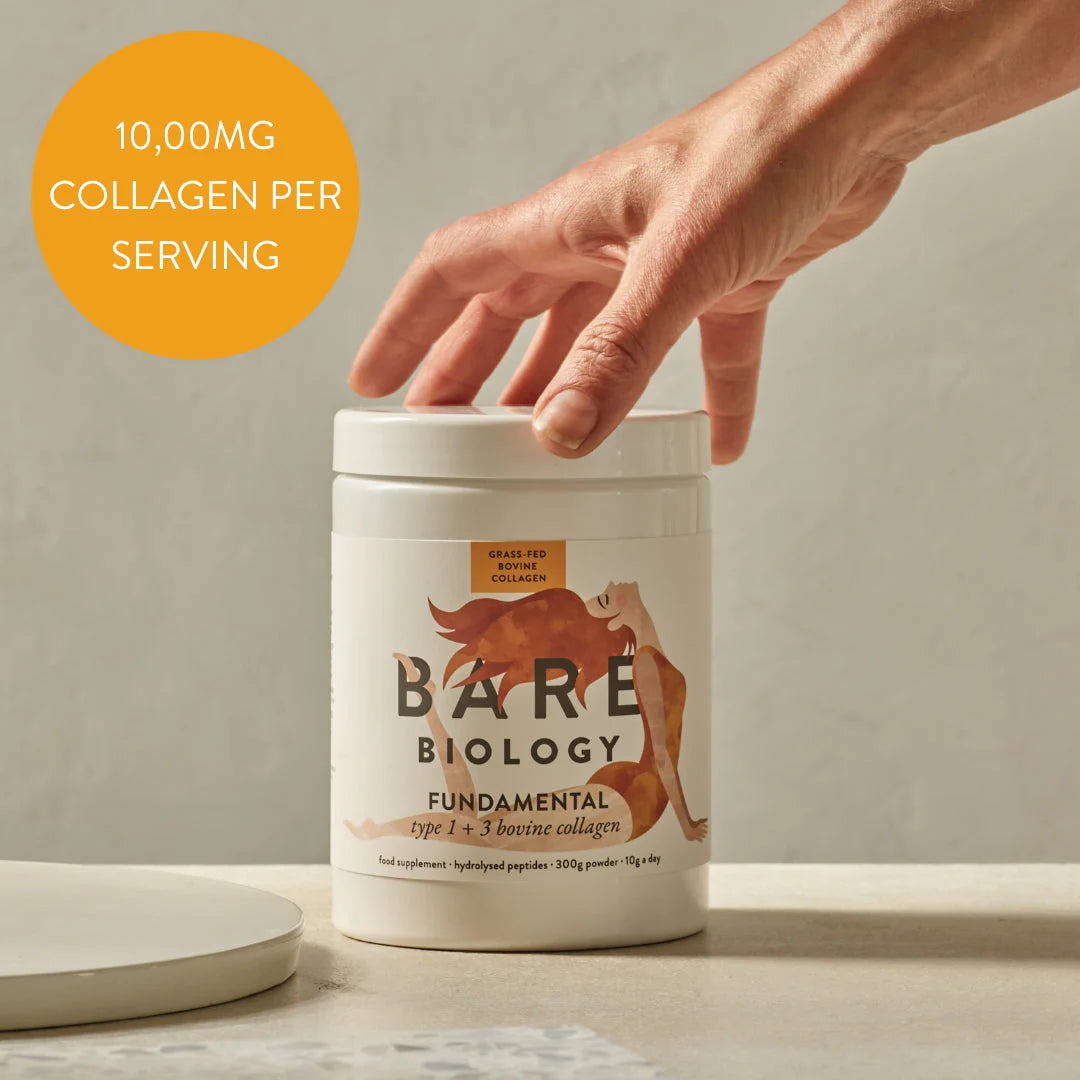 Bare Biology Fundamental Collagen Powder for adults looking to improve skin, joints and recovery, easily mixed into drinks for stronger, healthier body support
