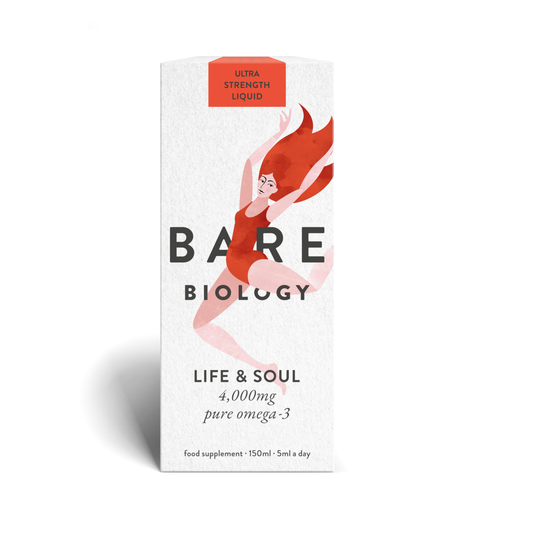 Bare Biology Life And Soul Omega 3 Liquid 150ml bottle for daily use, ultra strength fish oil supporting brain function, heart health and vision