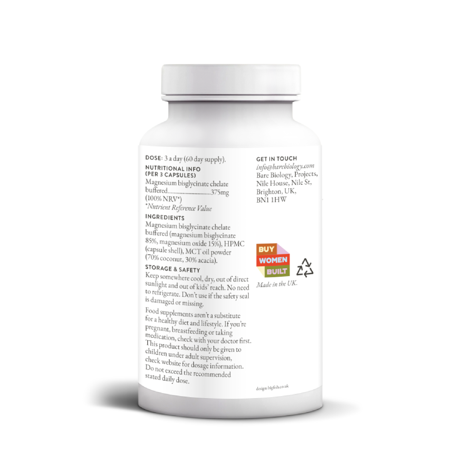 Bare Biology Ready And Rested Magnesium Capsules with magnesium bisglycinate helps support nervous system, muscle function and reduce tiredness