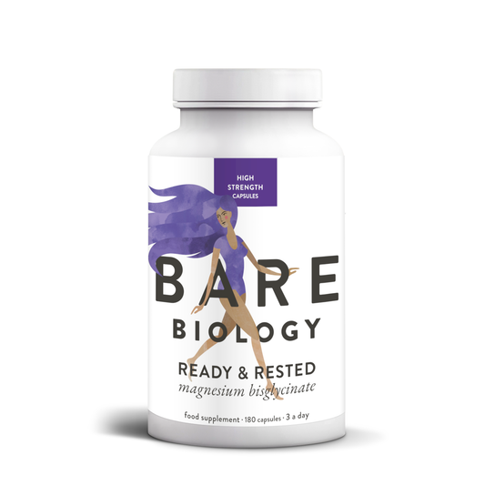 Bare Biology Ready And Rested Magnesium Capsules 180 capsules for daily use, supports sleep, relaxation and energy with high strength magnesium bisglycinate