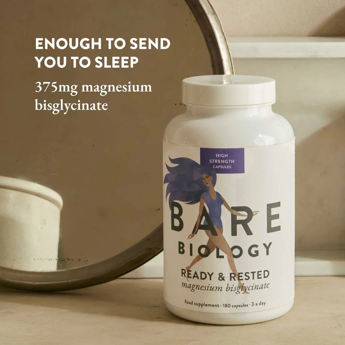 Bare Biology Ready And Rested Magnesium Capsules for adults and teens needing better sleep and stress support, helps improve relaxation and daily energy levels
