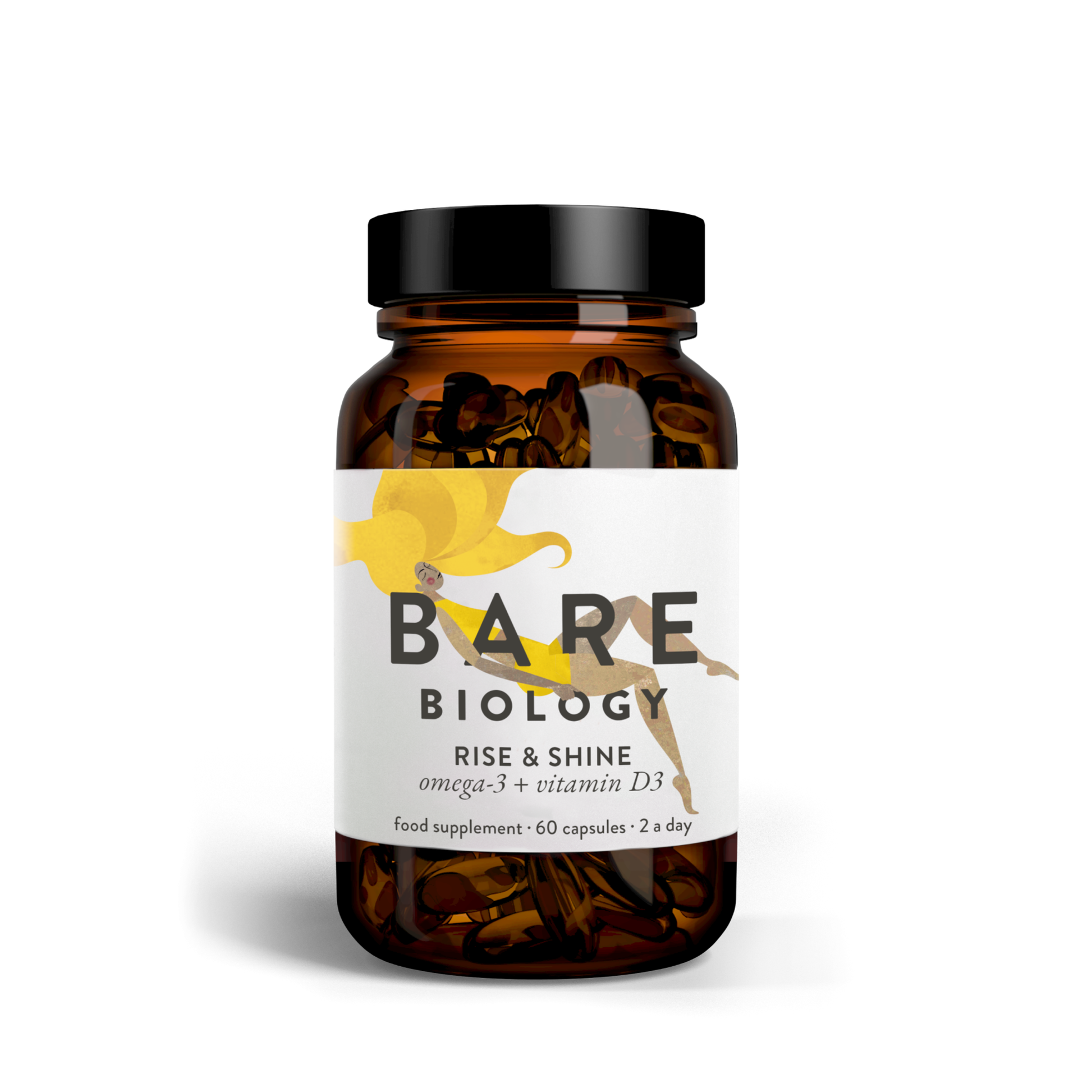 Bare Biology Rise & Shine daily omega 3 and vitamin D3 capsules for adults supporting busy lifestyles immunity energy and overall wellbeing