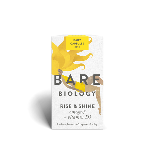 Bare Biology Rise & Shine omega 3 + vitamin D3 60 capsules daily supplement with high strength fish oil for immune and heart health support
