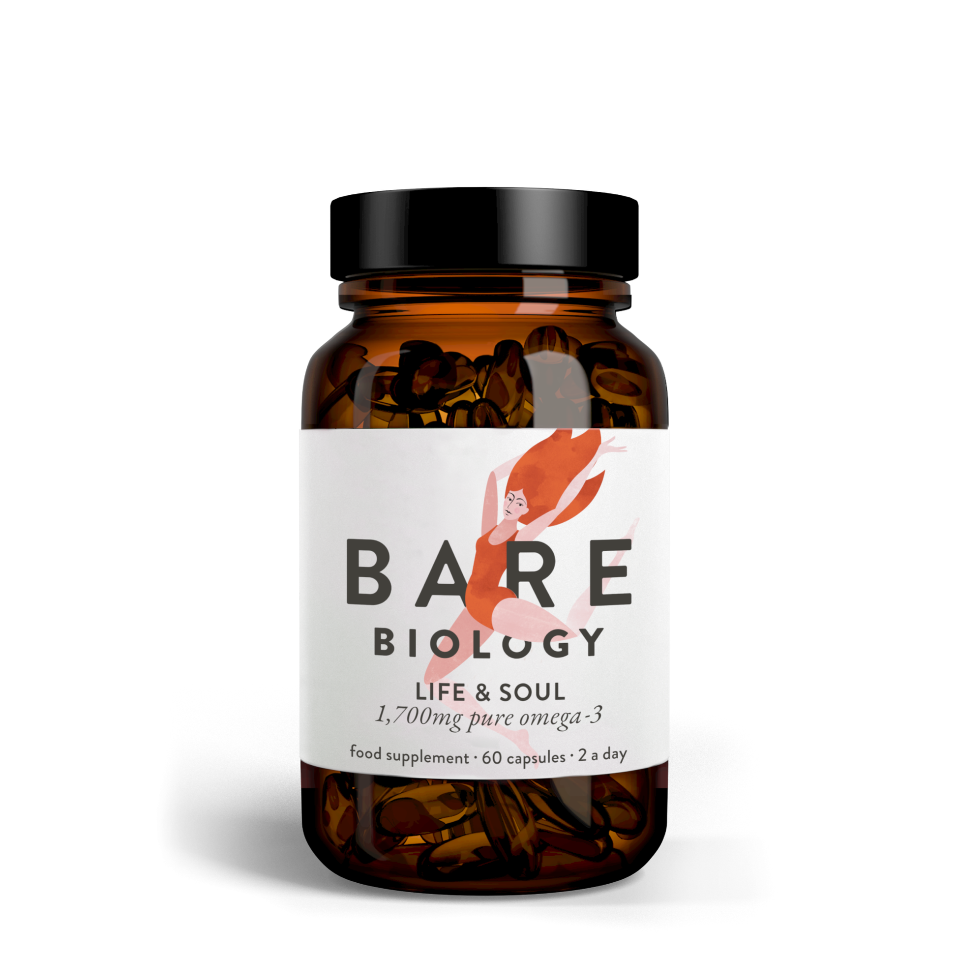 Bare Biology Life & Soul omega 3 capsules showing EPA DHA content from pure fish oil supporting cellular health brain function and vision maintenance