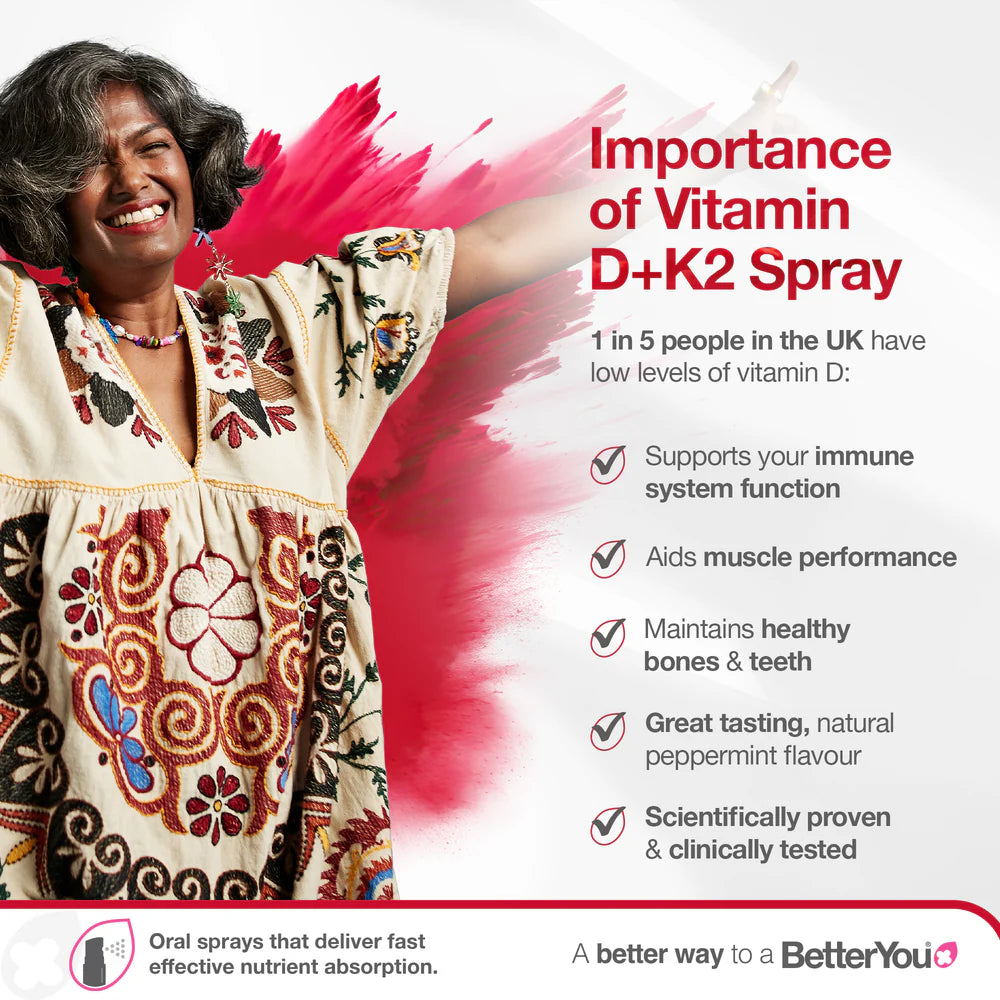 BetterYou D3000+ K2 oral spray for adults seeking convenient daily vitamin D3 and K2 support for strong bones immunity and overall wellness
